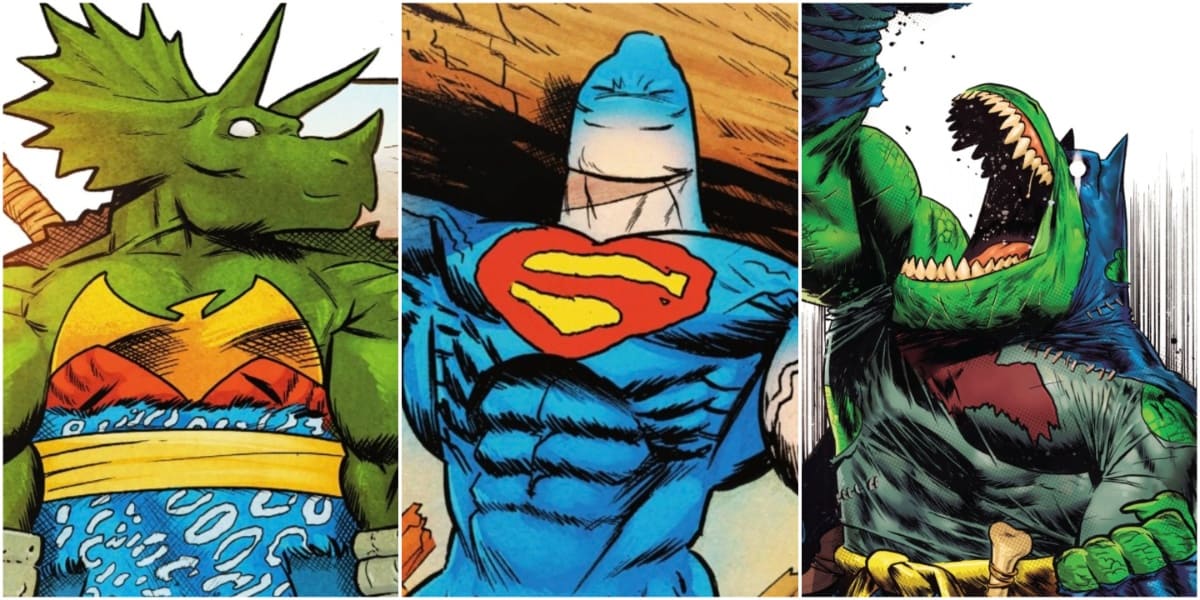 Wonder Woman, Superman, and Batman as dinosaurs in Jurassic League