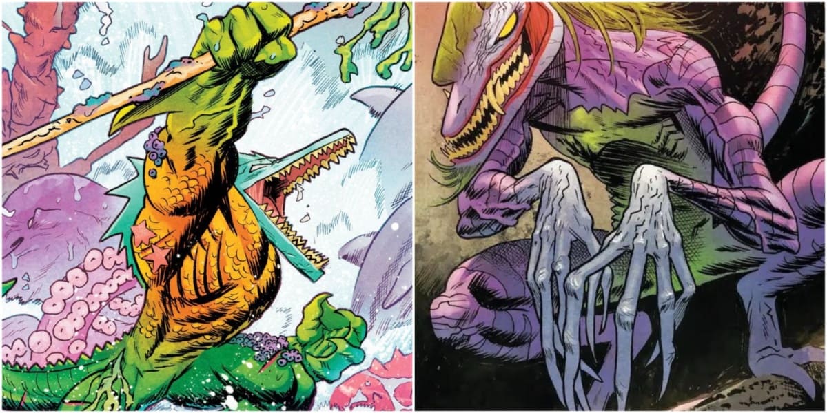Aquaman and the Joker as dinosaurs in Jurassic League