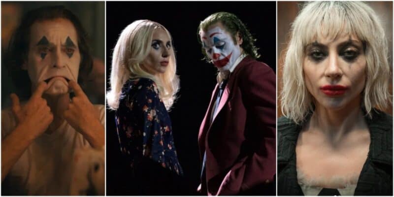The Joker making himself frown, Lady Gaga and Joaquin Phoenix on a black background, Harley Quinn looking dejected