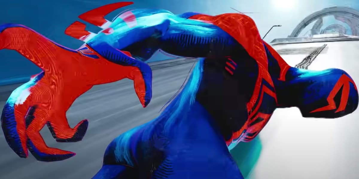 Spider-Man 2099 (Miguel O'Hara) looking back on a train with his claws out