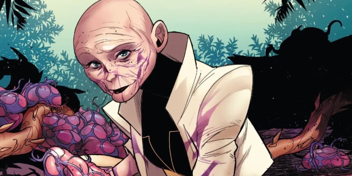 Cassandra Nova in a white coat handling what appears to be intestines