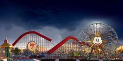 Disneyland Resort's Disney California Adventure with stormy weather in the backdrop.