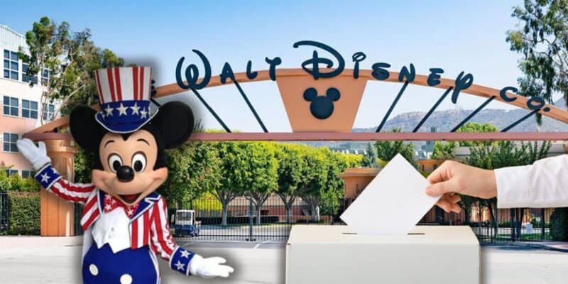 Mickey Mouse dressed up as Uncle Sam in front of the Walt Disney Company building with a guest casting a ballet into a voting box.