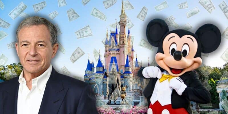 Bob Iger and Mickaey Mouse standing in front of Magic Kingdom Park at Disney World Resort with investments falling down.