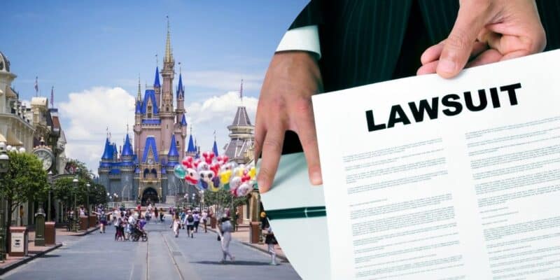 A Disney World lawsuit in front of the Magic Kingdom Castle.