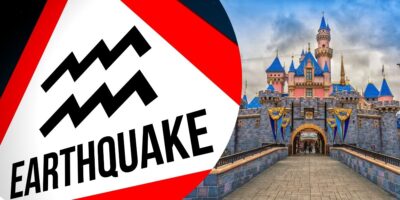 An earthquake sign in front of Disneyland Resort in California.