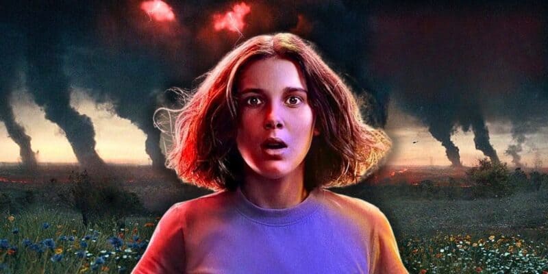 The character Eleven (Millie Bobby Brown) from 'Stranger Things' on Netflix looking shocked with a stormy background
