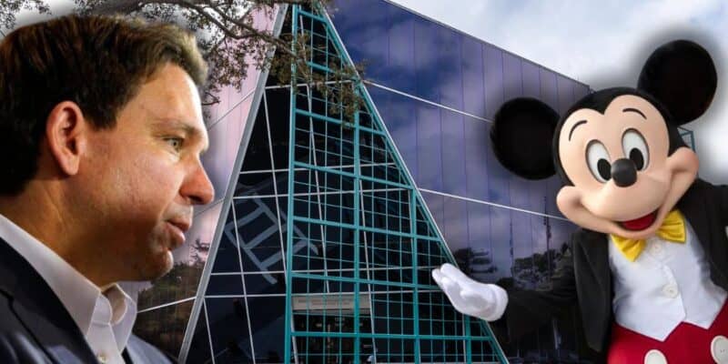 Ron DeSantis and Mickey Mouse in front of the Disney World Governing district building.