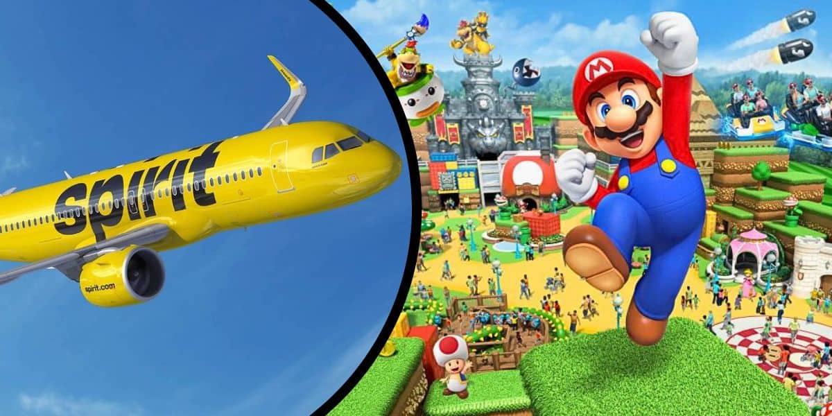Spirit Airlines flying over SUPER NINTENDO WORLD at Universal Studios Hollywood.