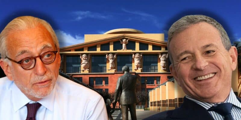 Billionaire Nelson Peltz looking angry at Disney CEO Bob Iger in front of the Disney Board of Directors building.
