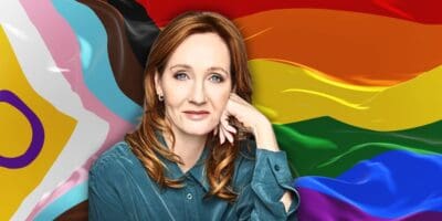 J.K. Rowling with the LGBTQ Pride flag in the backdrop.