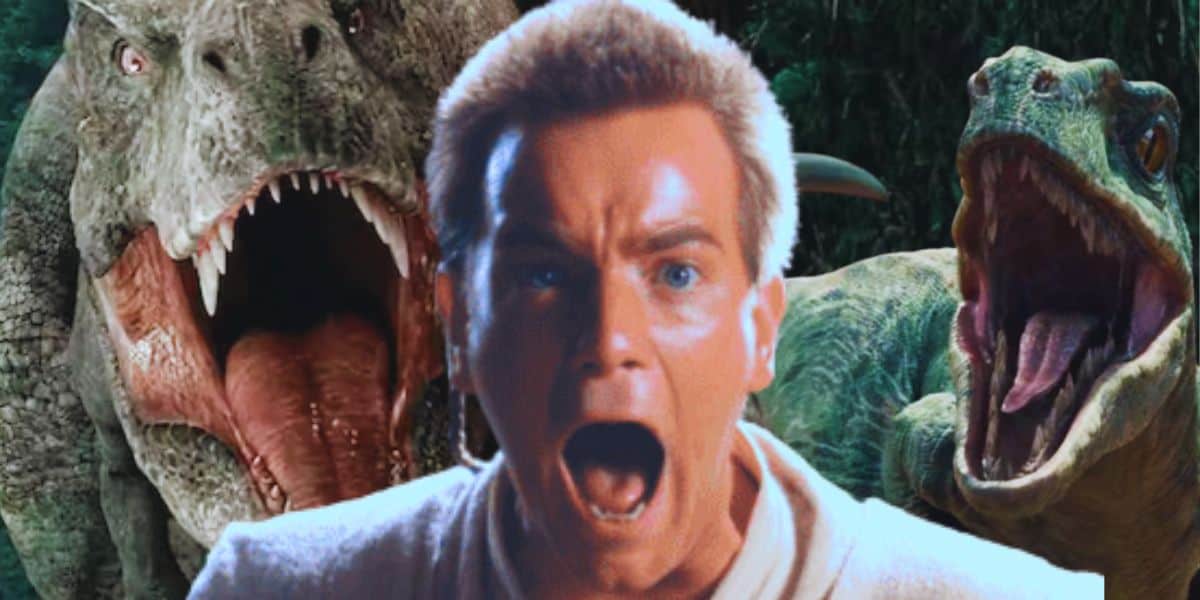 (Background) T-Rex and Raptor from 'Jurassic World' (Front) Ewan McGregor as Obi-Wan screaming in 'Star Wars: The Phantom Menace'