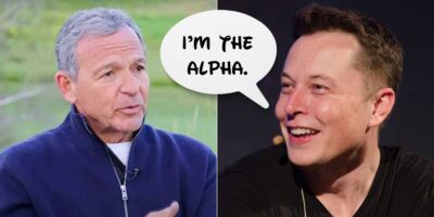 Bob Iger (L) and Elon Musk (R) with a speech bubble saying "I'm the Alpha."