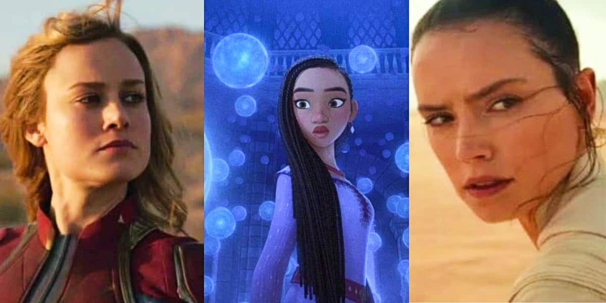 A collage of Brie Larson as Captain Marvel, the Ariana DeBose-voiced Asha, and Daisy Ridley as Rey