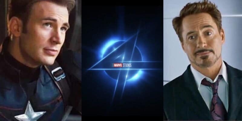 Chris Evan and Robert Downey Jr. with the Fantastic Four logo
