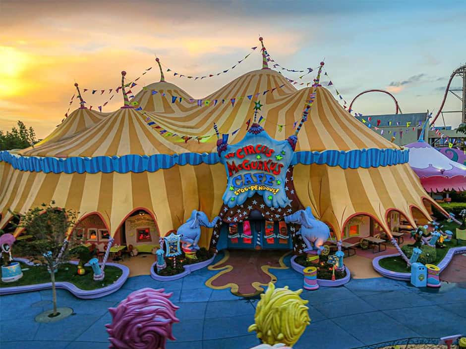 An aerial view of Circus McGurkus Cafe located inside of Seuss Landing at Islands of Adventure at Universal Orlando Resort.