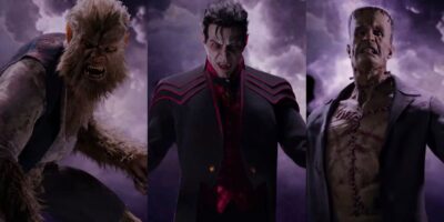 Concept art of Wolfman, Dracula, and Frankenstein released by Universal for the Dark Universe area of Epic Universe