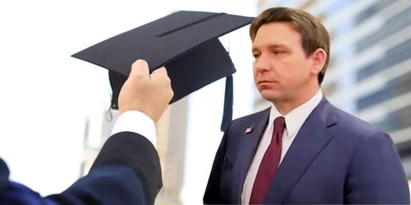 Ron DeSantis alongside a college mortarboard