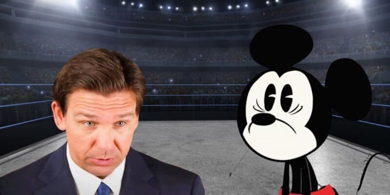 Ron DeSantis and Mickey Mouse in a boxing ring