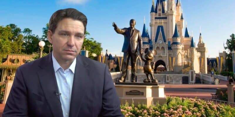 Ron DeSantis with the Walt and Mickey statue at Disney World