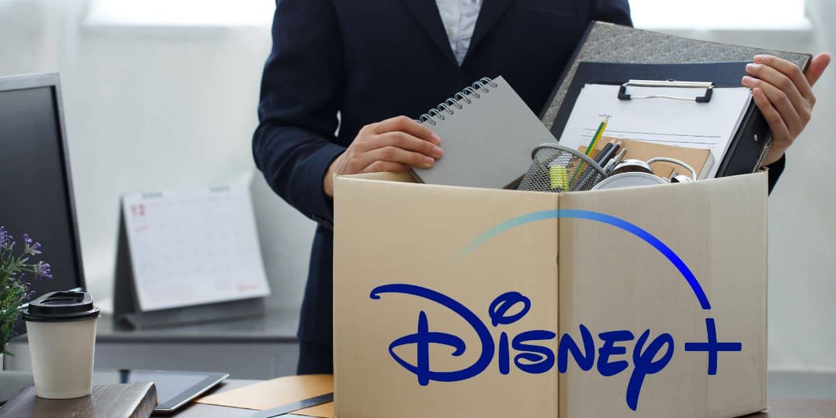 The Disney+ logo over a box while someone quits their job