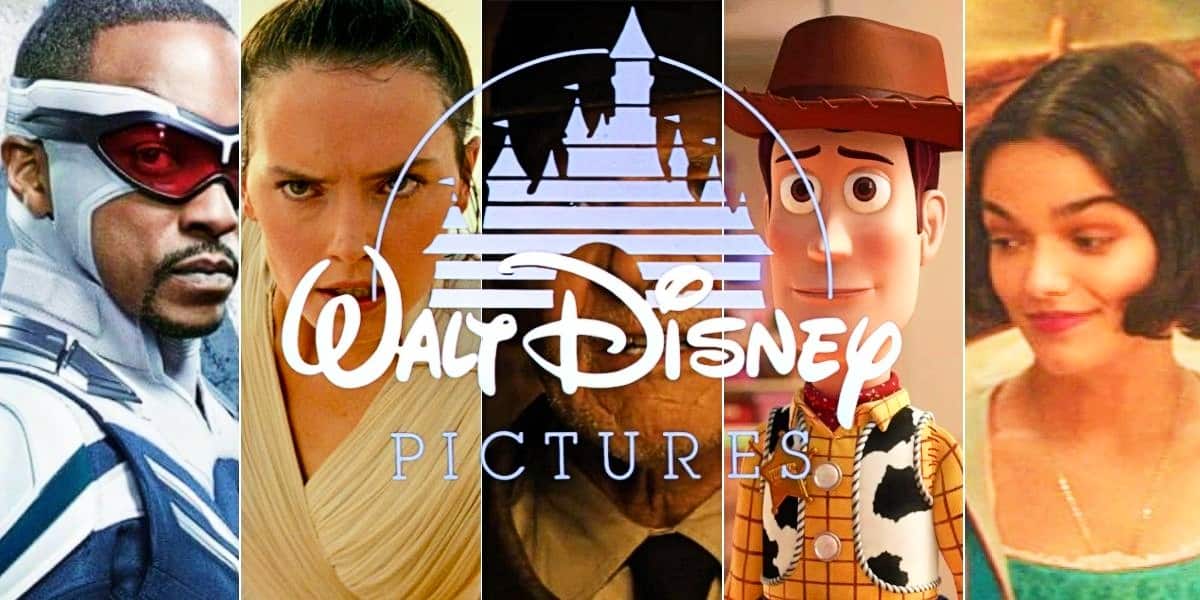 Sam Wilson, Rey, Indiana Jones, Woody, and Snow White with the Disney logo