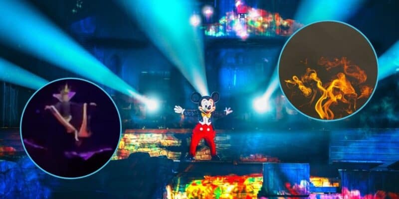 In the foreground of a picture of Mickey during Fantasmic! are screenshots from a video of Fantasmic ending during the Evil Queen scene.