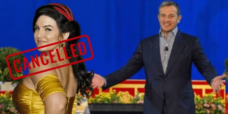 Gina Carano pictured next to Bob Iger. The word "canceled" is over her face like a stamp.
