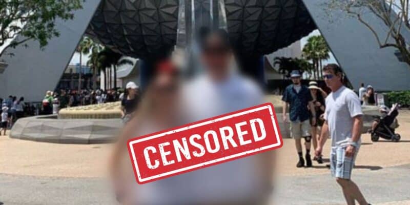 A couple standing in front of Spaceship Earth is blurred out with a "censored" bar.