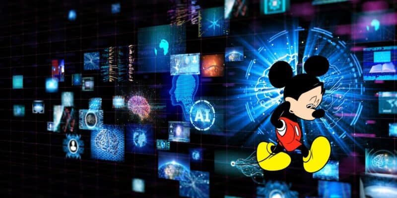 Sad Mickey Mouse walking in front of digital AI art