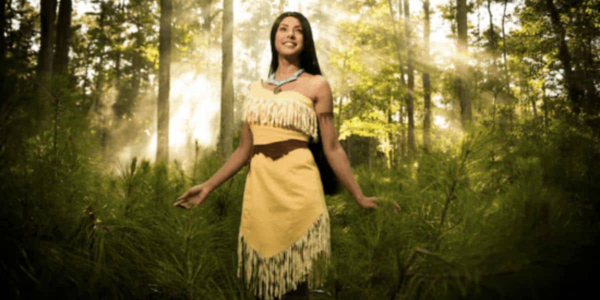 Pocahontas in a forest, shown as she appears at Walt Disney World Resort.