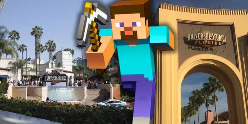 The Universal domestic theme park archways with the Minecraft logo in the middle.