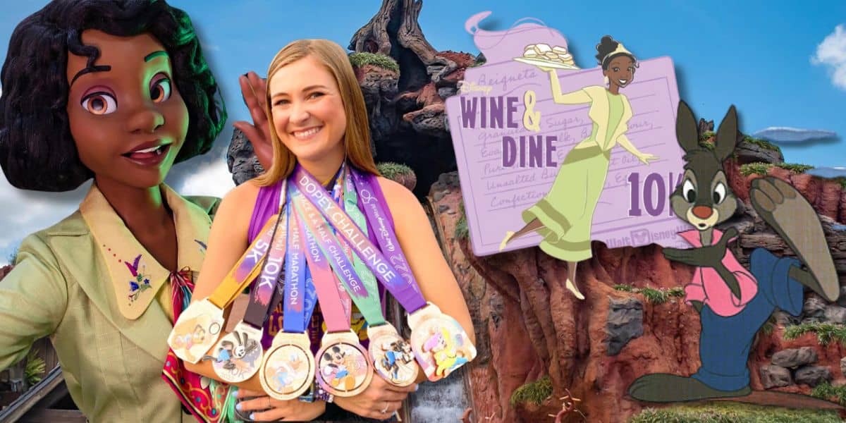 From left to right: A Princess Tiana animatronic, a runDisney influencer showing off her medals, the logo for the Wine & Dine 10k, Br'er Rabbit looking surprised. All four images are edited on top of an image of the former Splash Mountain.