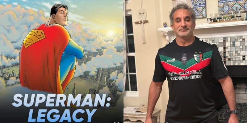 'Superman: Legacy' poster next to Bassem Youssef