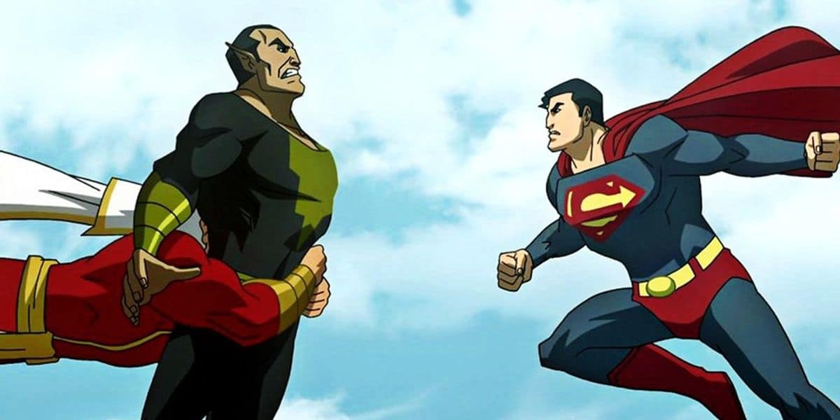 Shazam and Superman confronting Black Adam in the sky