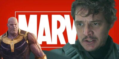 Thanos and Pedro Pascal as Din Djarin over the Marvel logo