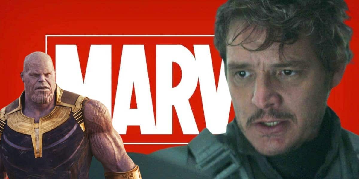 Thanos and Pedro Pascal as Din Djarin over the Marvel logo