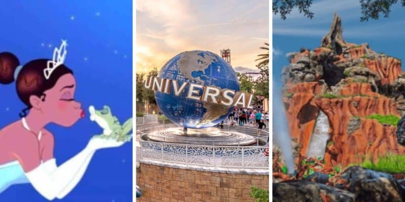Left: Tiana kisses a frog. Middle: The Universal Orlando globe. Right: Splash Mountain before its retheme.