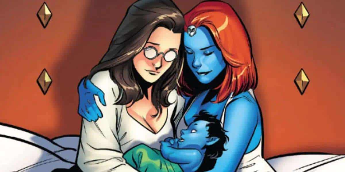 Mystique and Destiny posing together with baby Nightcrawler in X-Men comic