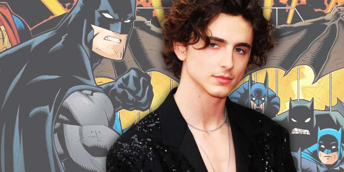 Timothee Chalamet in front of a Batman comic