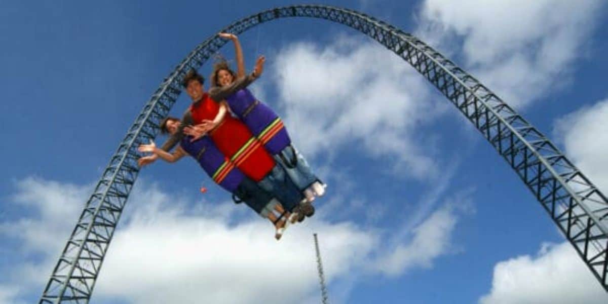 Guests on Vertigo, a ride at Oakwood Theme Park.