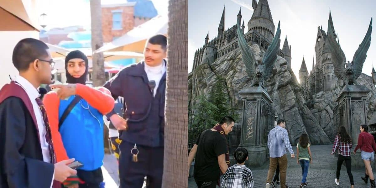 Vloggers kicked out of park (left) and the Wizarding World of Harry Potter (right)