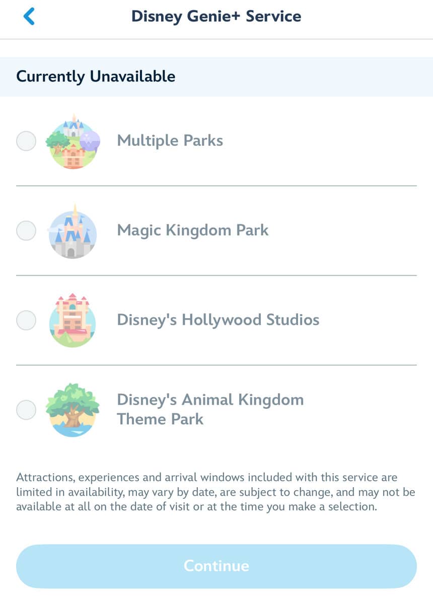 Screenshot of a mobile app displaying the disney genie+ service, indicating that the service is currently unavailable for multiple parks, magic kingdom park, disney's hollywood studios, and disney's animal kingdom, with a button at the bottom to continue.