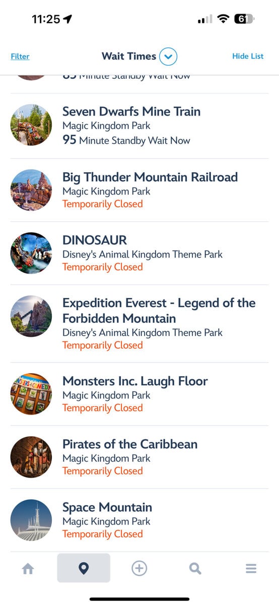 A screenshot taken of Magic Kingdom attractions down since this morning at Disney World.