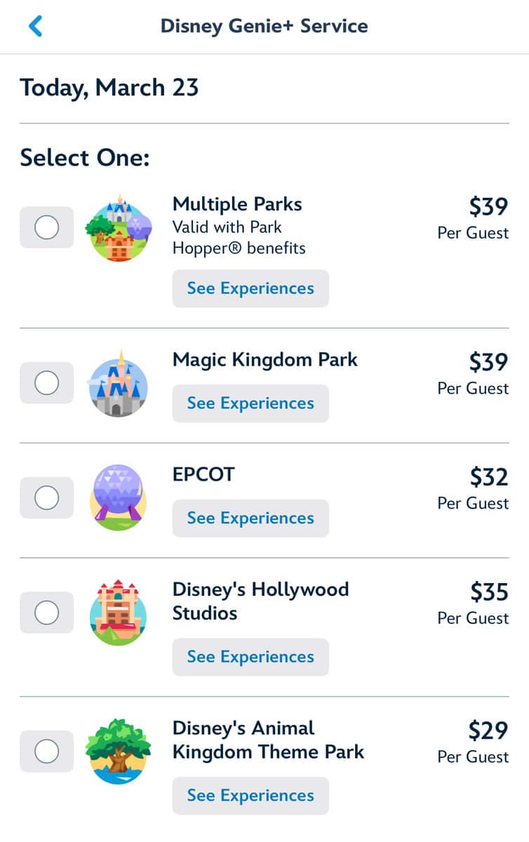 Walt Disney World Resort Genie+ prices. 