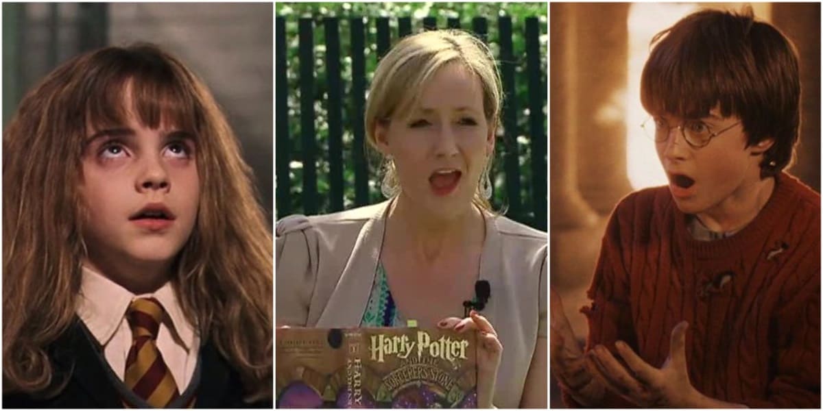 Hermione Granger (Emma Thompson) rolling her eyes, J.K. Rowling reading Harry Potter to children, Harry Potter (Daniel Radcliffe) looking shocked