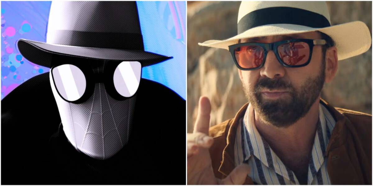 Spider-Man Noir on a blue background, Nicolas Cage in a hat and glasses