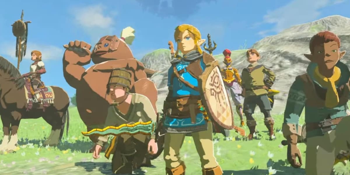 A group of characters from "Legend of Zelda: Breath of the Wild", including Link, stand ready for adventure in a lush, vibrant landscape.