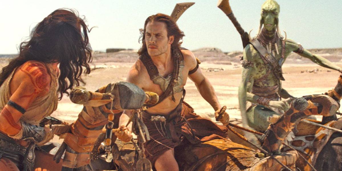 A dynamic scene from "John Carter," featuring a muscular warrior holding a weapon in a desert setting, accompanied by an alien creature in the heat of battle.