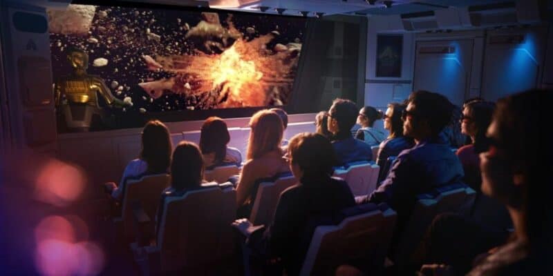 A captivated audience experiences the thrill of a Star Wars odyssey on the big screen, where fiction meets imagination in a darkened movie theater.